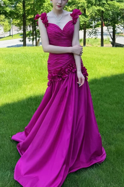 Fuchsia Satin Long Prom Dress 3D Floral Spaghetti Strap Ruched Formal Evening Gown F0030