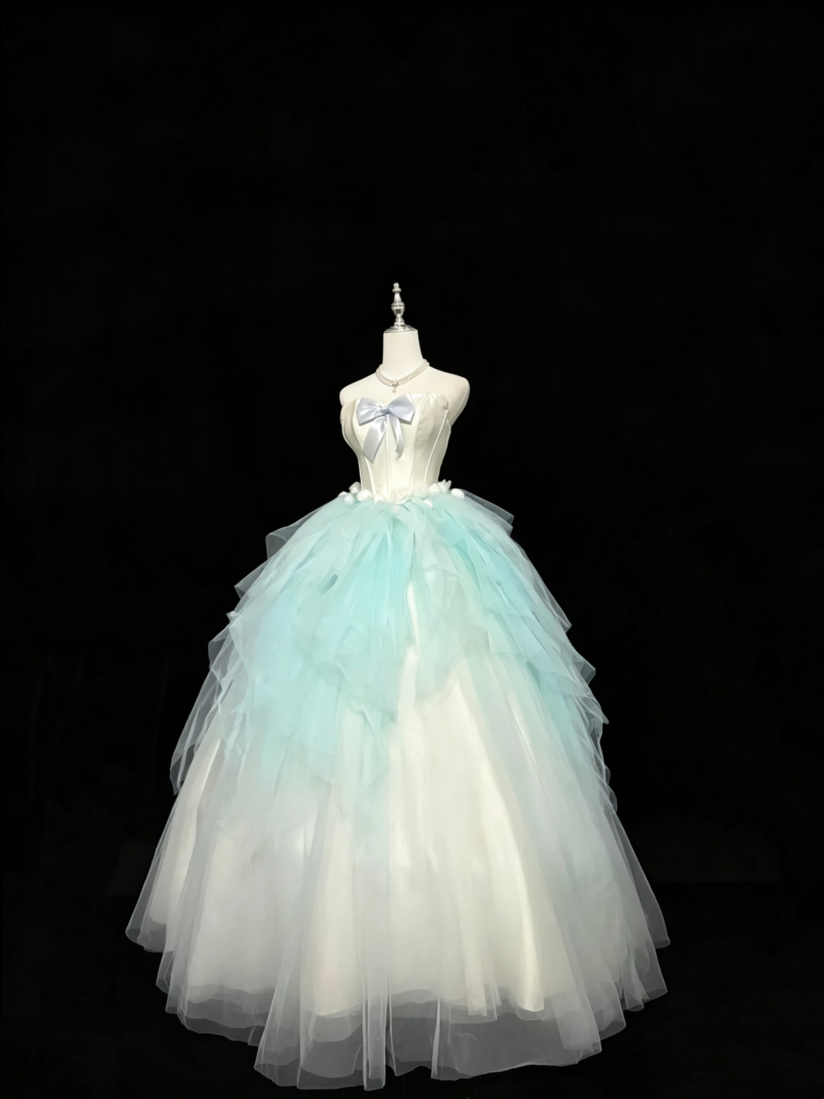 Blue White Ombre Strapless Tulle Ball Gown Satin Bow Prom Dress F0258