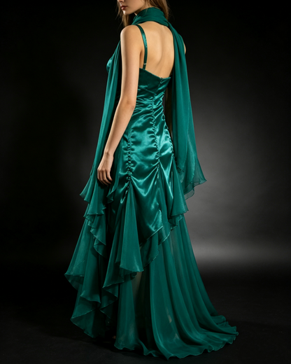 Emerald Green Satin Spaghetti Strap Dress Asymmetrical Chiffon Formal Gown Long & Midi F0025