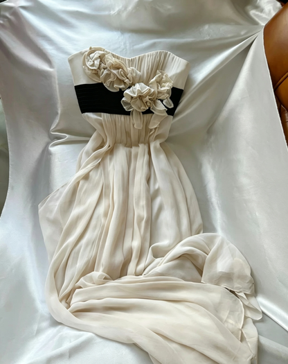 Ivory Strapless Chiffon Long Dress 3D Flower Black Waistband F0264