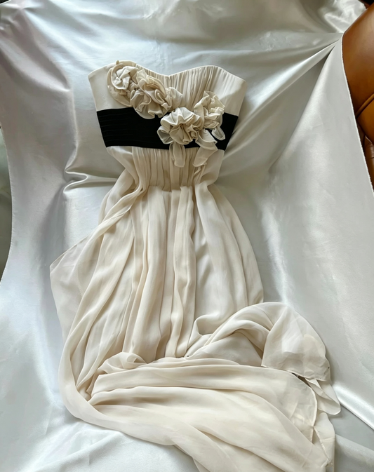 Ivory Strapless Chiffon Long Dress 3D Flower Black Waistband F0264