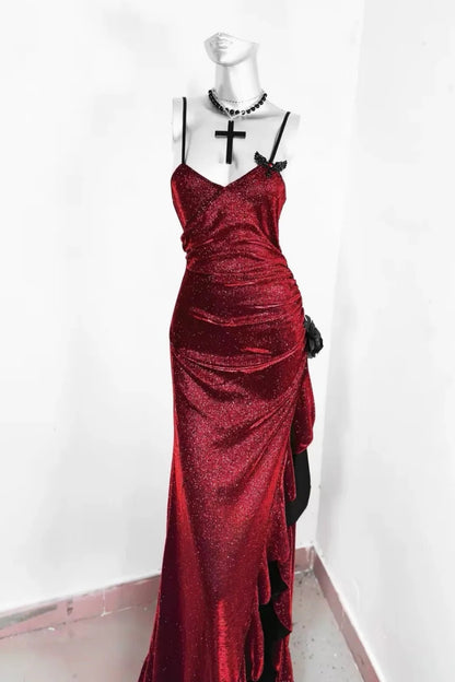 Burgundy Glitter Spaghetti Strap Mermaid Long Prom Dress F0280