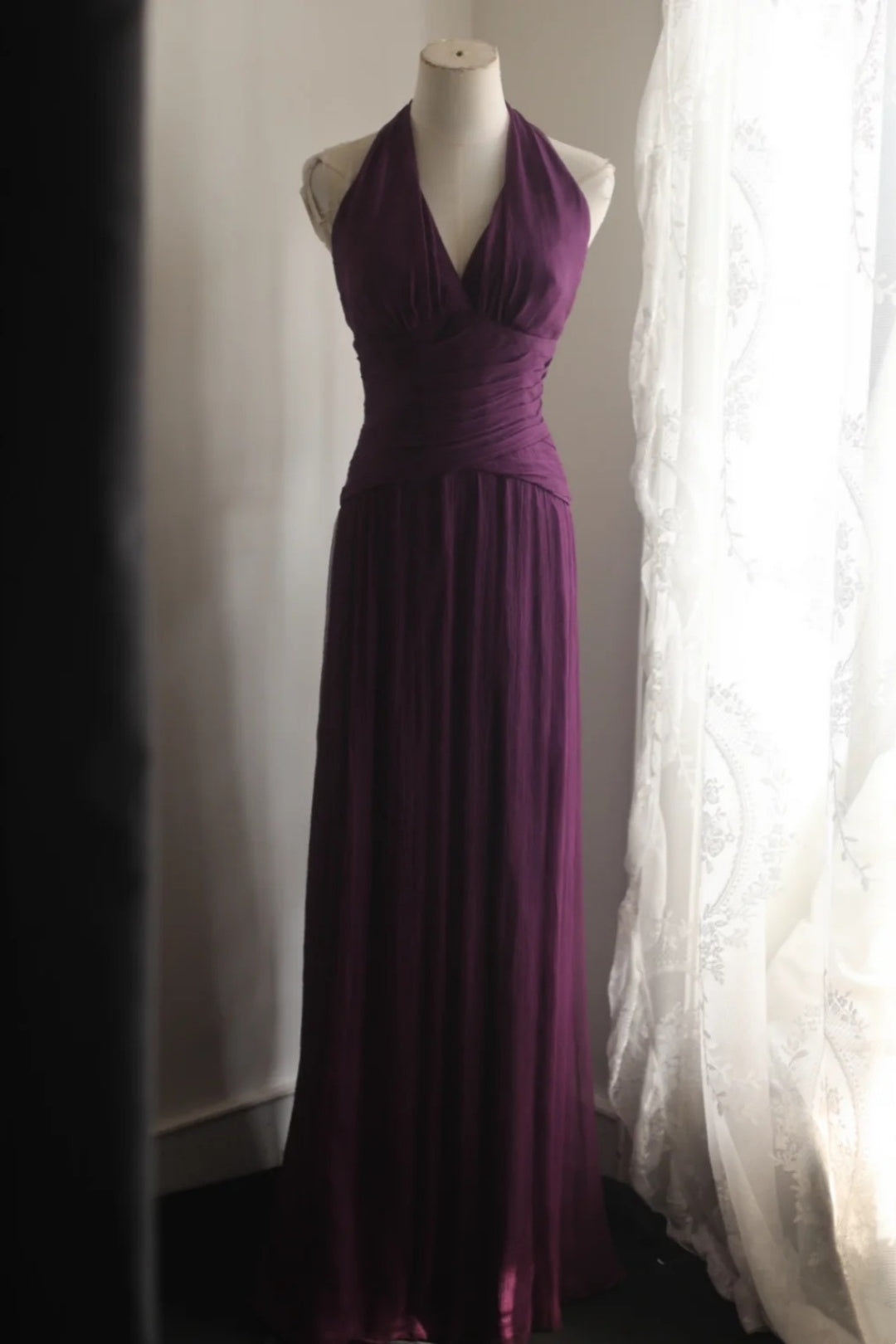 **Evening Dress** Dark Purple Halter V‑Neck Chiffon Long Formal Party Gown F0068