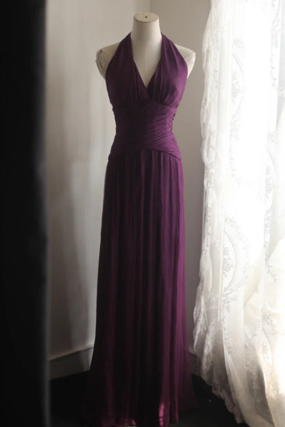 **Evening Dress** Dark Purple Halter V‑Neck Chiffon Long Formal Party Gown F0068