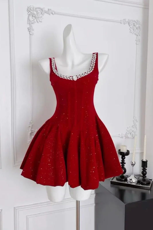 Sparkling Red Short Prom Dress, Crystal U‑Neck Homecoming Party Dress F0055