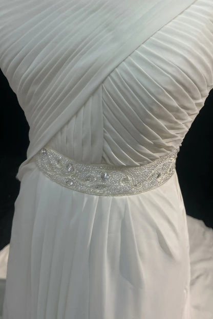 Long Formal Dress Flowy Chiffon Gown With Rhinestone Beaded Sash F0070