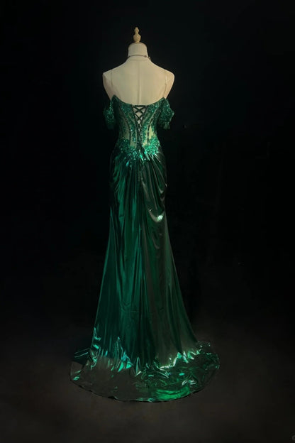 Off‑Shoulder Corset Mermaid Gown Beaded Metallic Emerald Formal Dress F0084