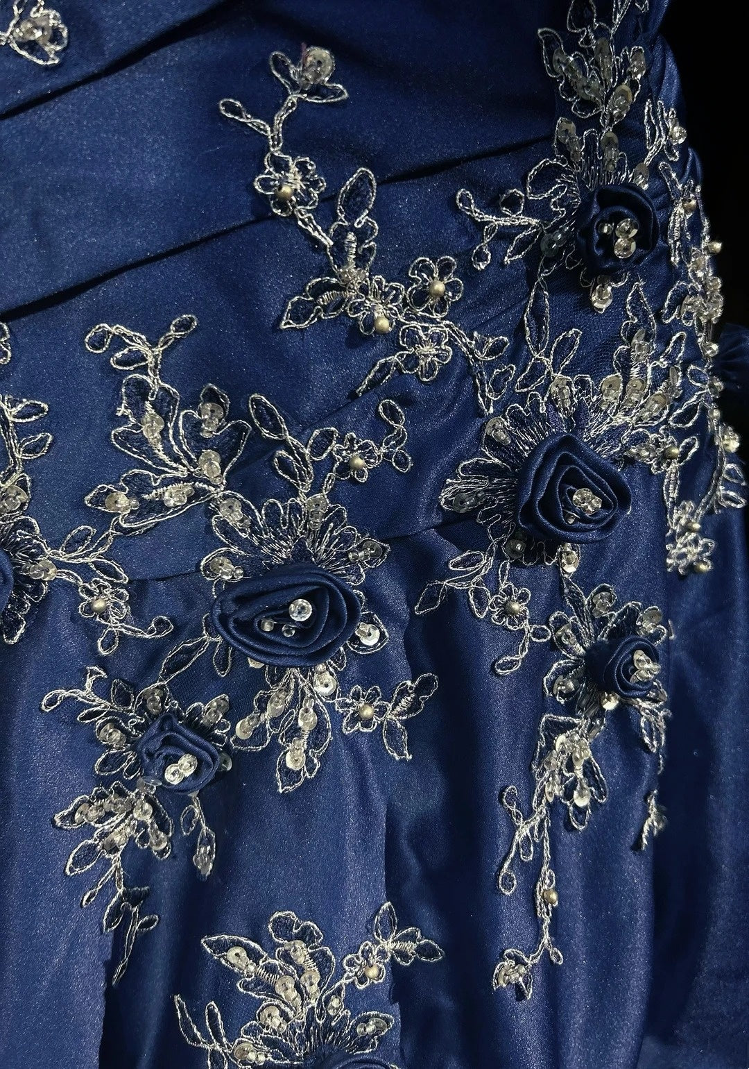 Navy One Shoulder 3D Floral Appliqué A-Line Formal Evening Dress F0196