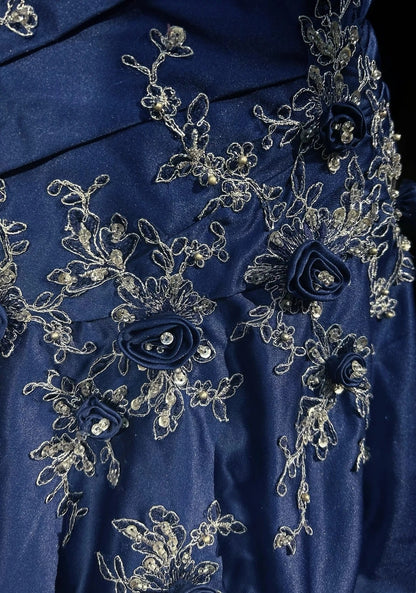Navy One Shoulder 3D Floral Appliqué A-Line Formal Evening Dress F0196