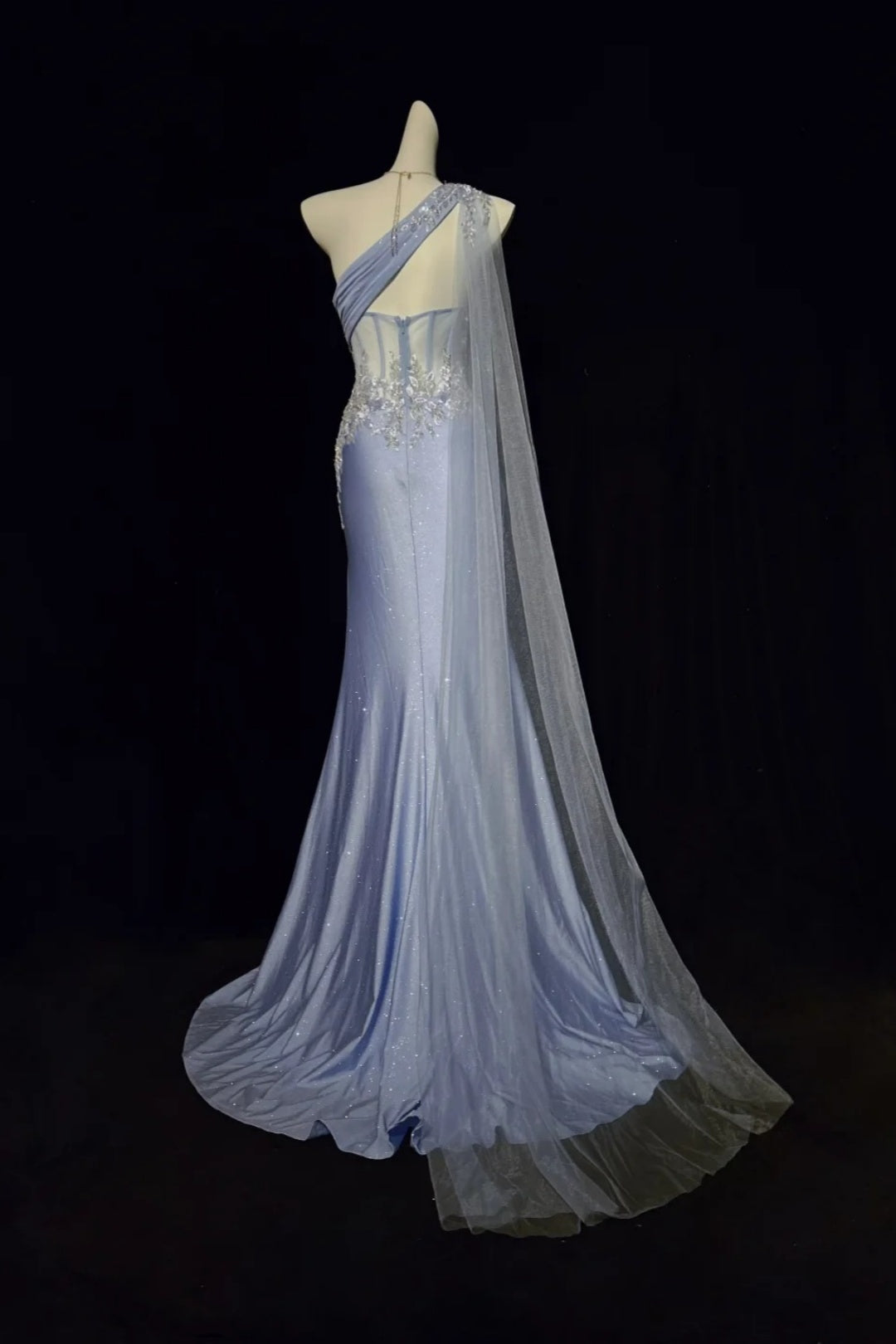 One‑Shoulder Corset Mermaid Gown With Appliqué Tulle Cape F0083