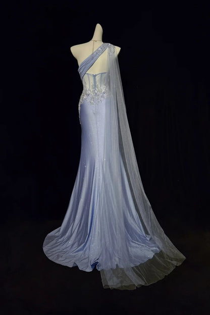 One‑Shoulder Corset Mermaid Gown With Appliqué Tulle Cape F0083