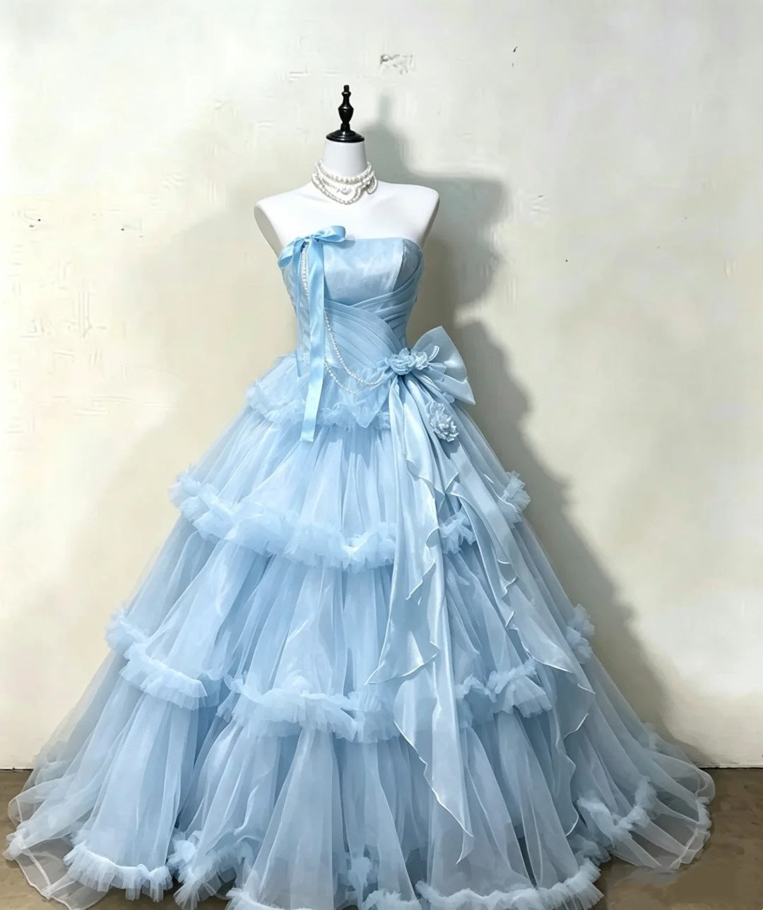 Light Blue Strapless Ball Gown Layered Ruffle Tulle Prom Dress F0244