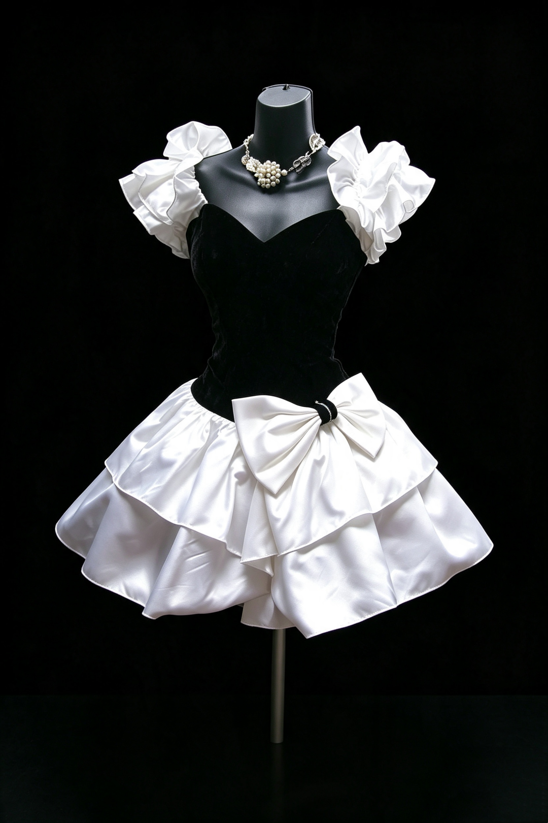 Black Velvet White Satin Homecoming Mini Dress Ruffle Puff Sleeve With Big Bow Cocktail Gown F0014