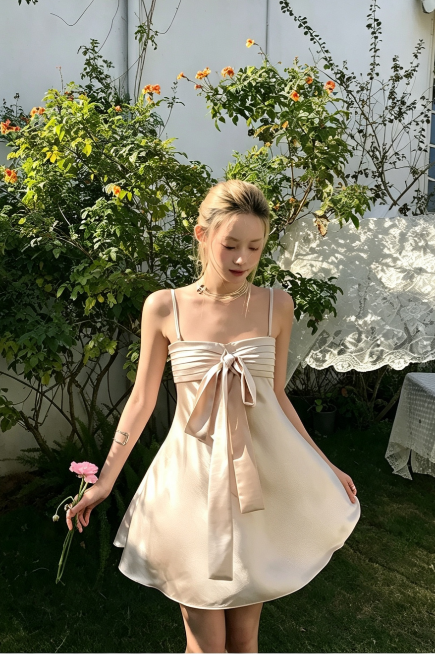 Satin Bow Cami Mini Dress, Adjustable Strap Flared Party Vacation Dress F061