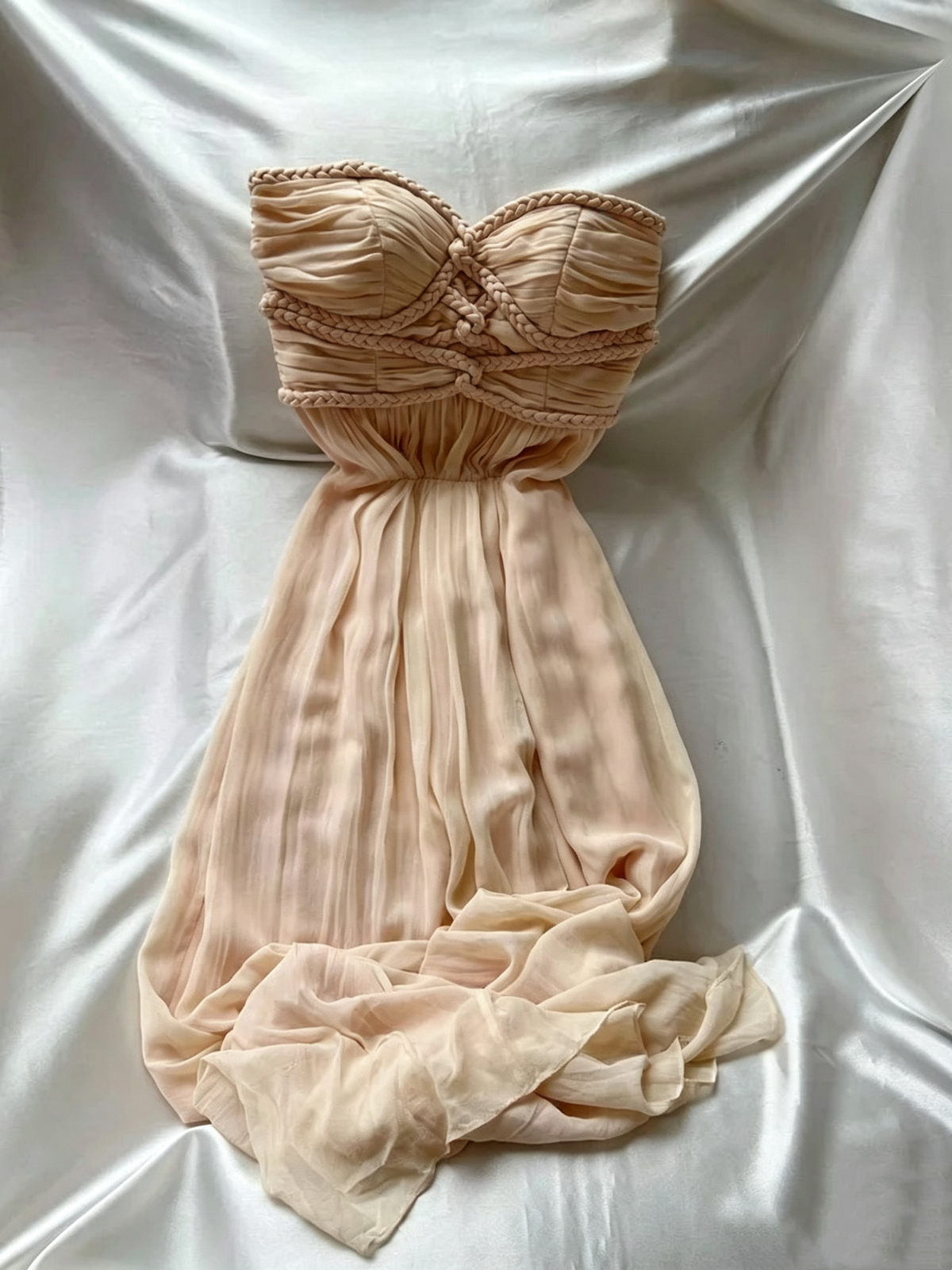Romantic Blush Strapless Braided Chiffon Long Formal Dress F0260
