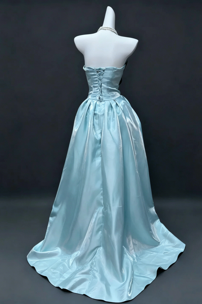 Ice Blue Satin Strapless Prom Dress Off the Shoulder Sleeves for Graduation Evening Photoshoot Floral032