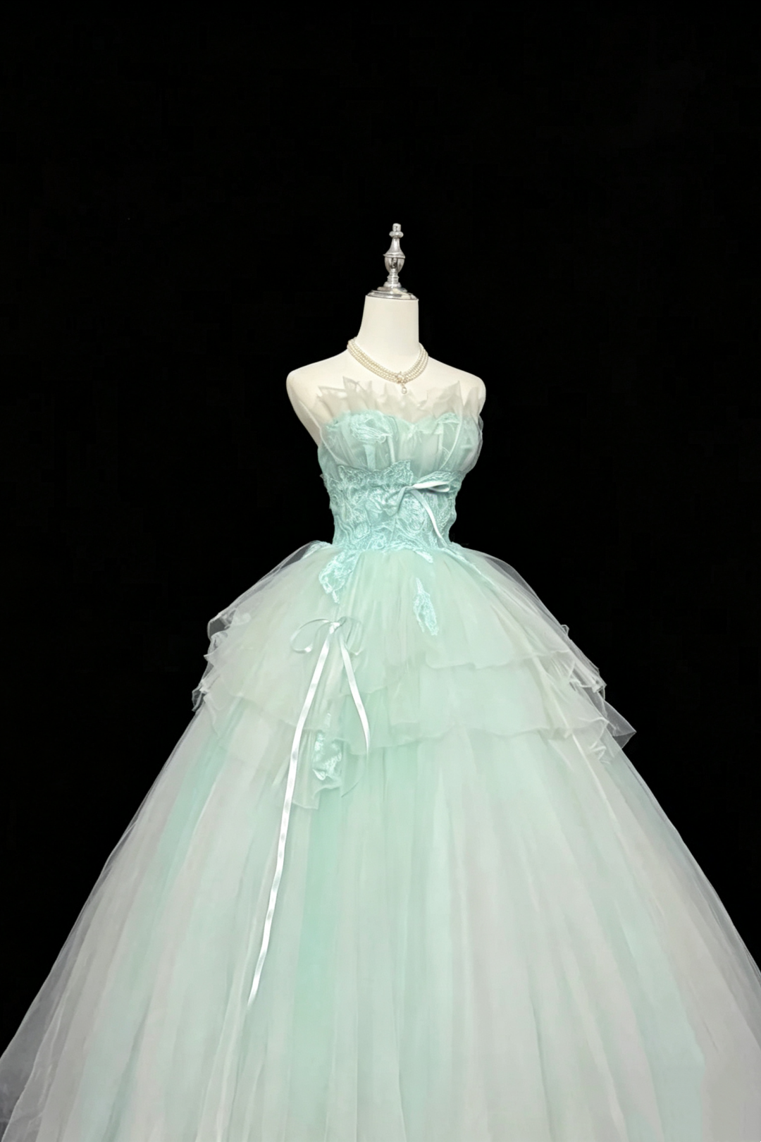 Strapless Lace Tulle Ball Gown With Satin Bow Ribbons F0080