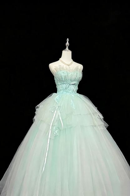 Strapless Lace Tulle Ball Gown With Satin Bow Ribbons F0080
