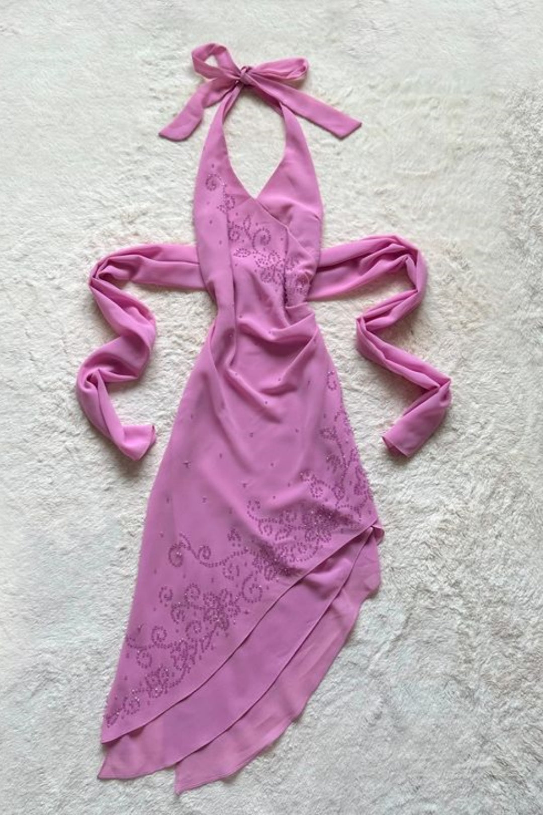 Lilac Halter Chiffon Dress Beaded Floral Asymmetrical Party Dress F0221