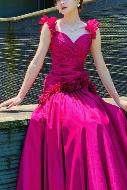 Fuchsia Satin Long Prom Dress 3D Floral Spaghetti Strap Ruched Formal Evening Gown F0030