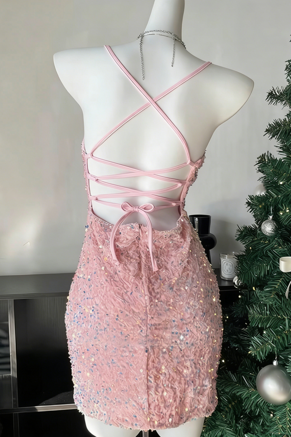 Sparkling sequined halter top birthday dress, sequined mini dress, backless sexy short party dress 007