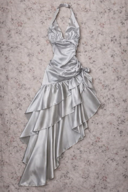 Evening Gown Asymmetrical Birthday Party Dress Custom Vintage Satin Halter  Floral042