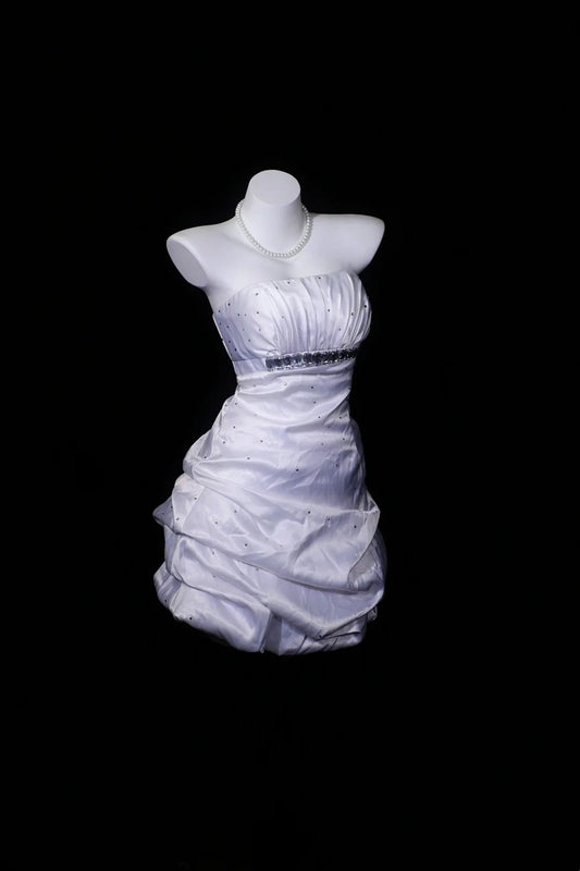 White Strapless Satin Mini Dress Crystal Ruched Bubble Dress F0248