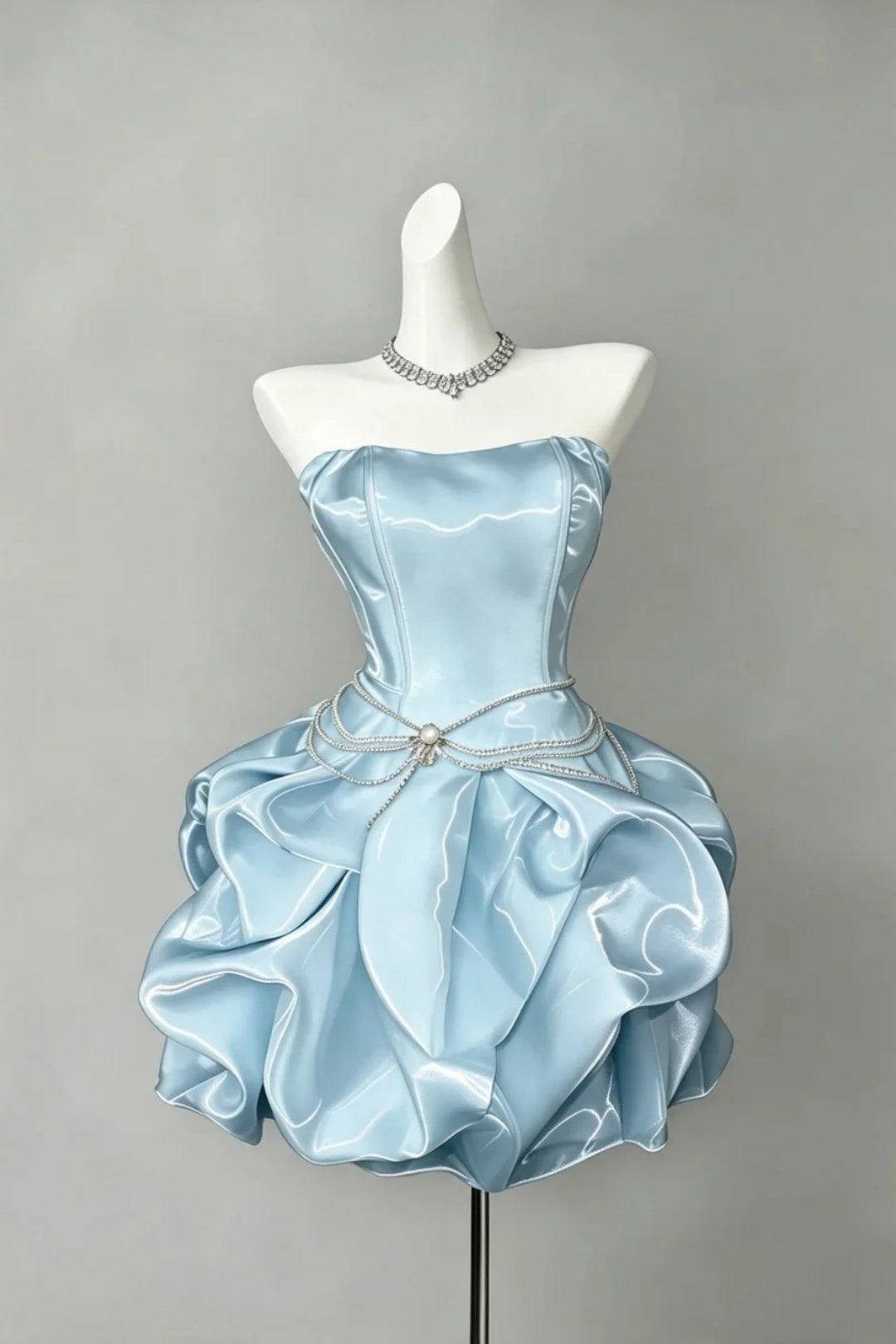 Strapless Pearl Sash Ruffle Short Homecoming Dress Lace‑Up Back Party Gown F0034