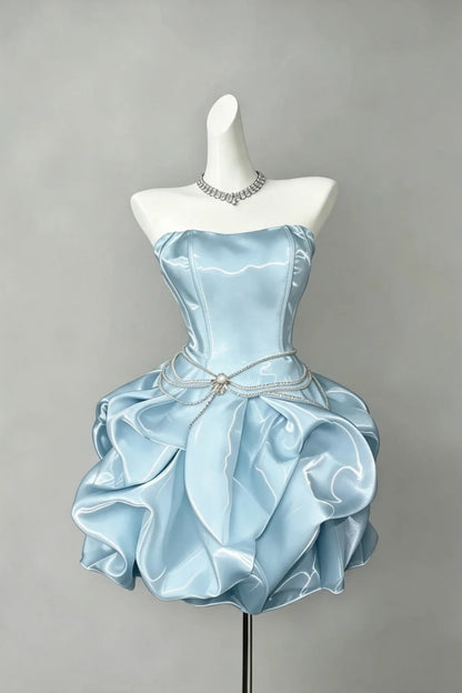 Strapless Pearl Sash Ruffle Short Homecoming Dress Lace‑Up Back Party Gown F0034