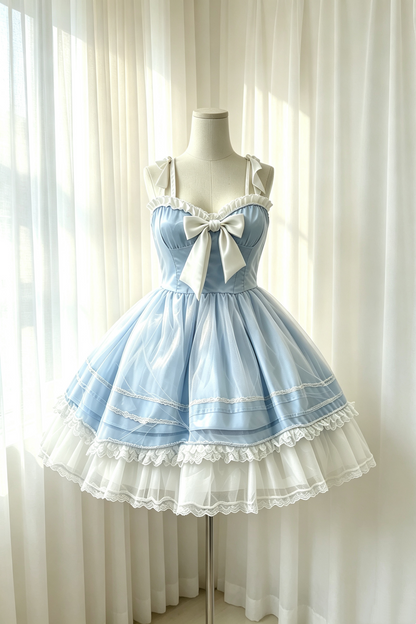 Tea Party Gown Light Blue Ruffled Neck Bow Detail Short Tulle Lolita Dress F0067