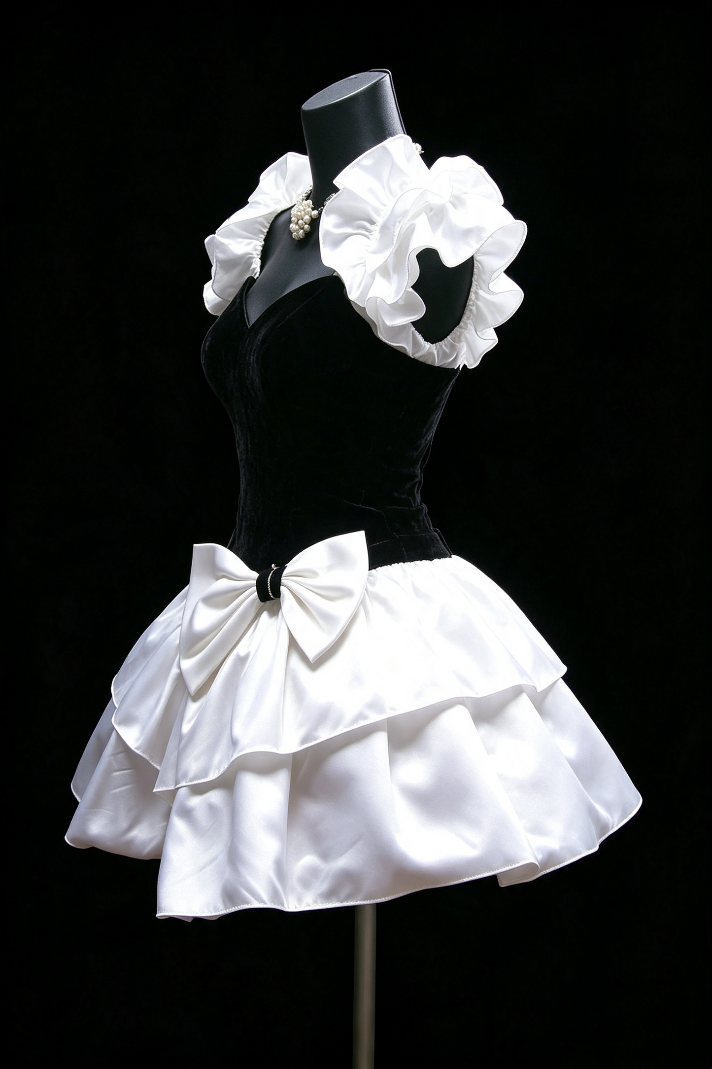 Black Velvet White Satin Homecoming Mini Dress Ruffle Puff Sleeve With Big Bow Cocktail Gown F0014