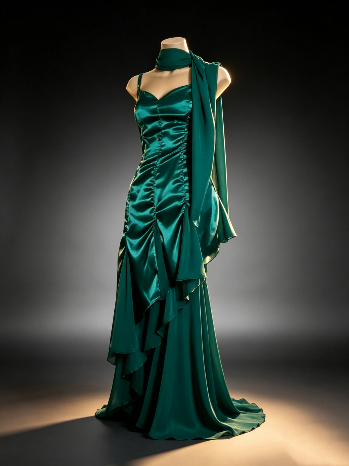 Emerald Green Satin Sweetheart Evening Dress Chiffon Scarf F0226