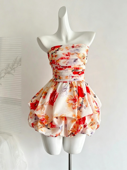 Floral Print Strapless Bubble Mini Dress Ruched Cocktail Gown F0214