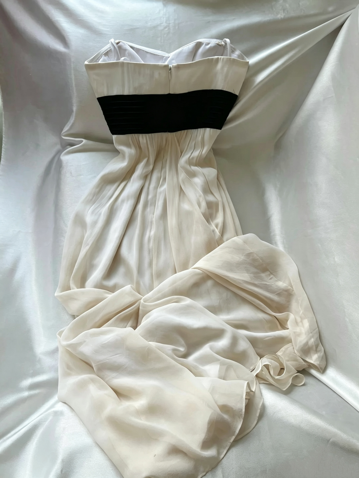 Ivory Strapless Chiffon Long Dress 3D Flower Black Waistband F0264