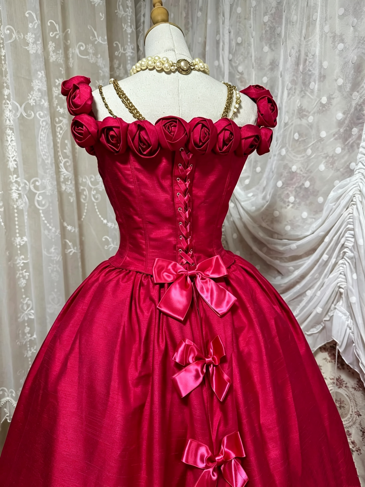 Vintage Red Off Shoulder Rose Corset Ballgown Formal Dress  F0269