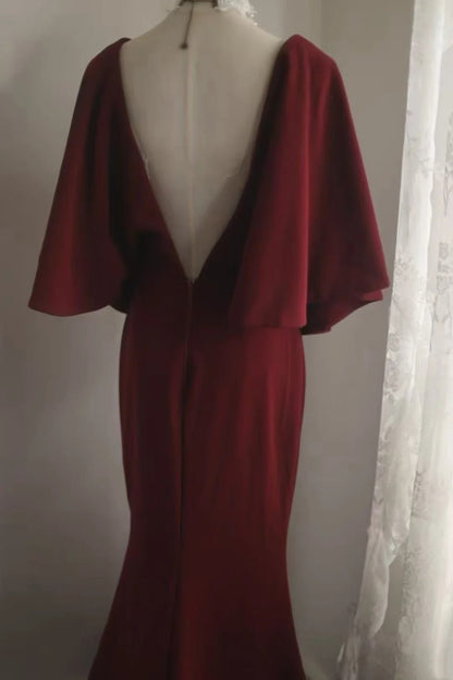 Red Satin Mermaid Evening Dress V-Back Flounce Sleeve Formal Gown F0173