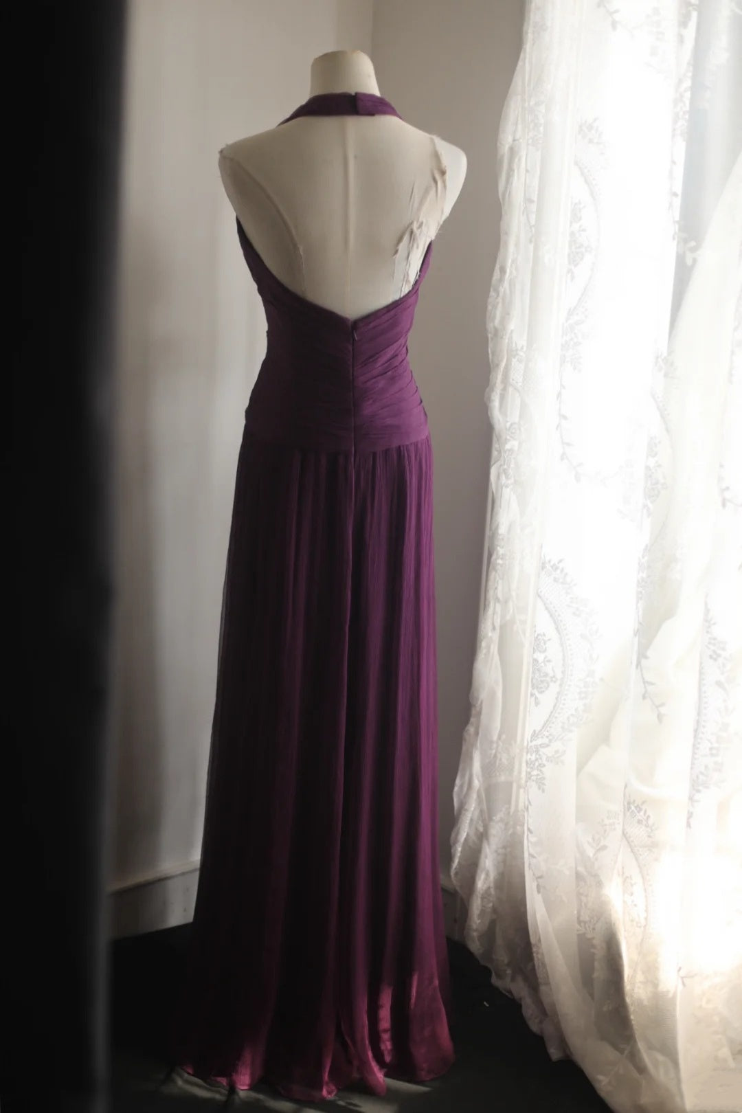 **Evening Dress** Dark Purple Halter V‑Neck Chiffon Long Formal Party Gown F0068