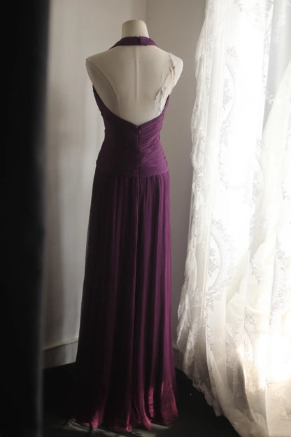 **Evening Dress** Dark Purple Halter V‑Neck Chiffon Long Formal Party Gown F0068
