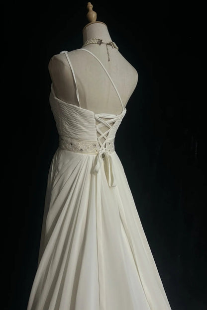 Long Formal Dress Flowy Chiffon Gown With Rhinestone Beaded Sash F0070