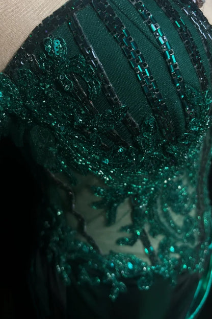 Off‑Shoulder Corset Mermaid Gown Beaded Metallic Emerald Formal Dress F0084