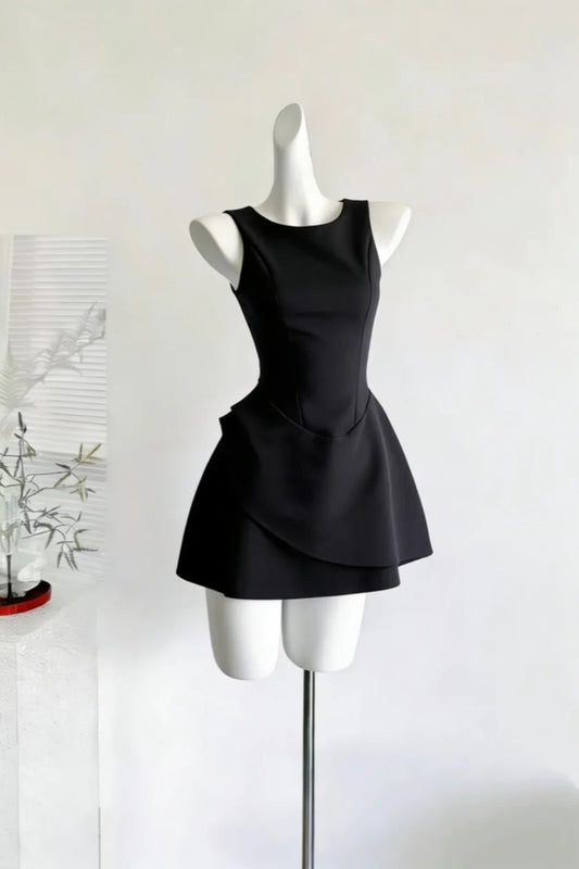 Black Sleeveless Round Neck Mini Dress Asymmetric Peplum Dress F0240