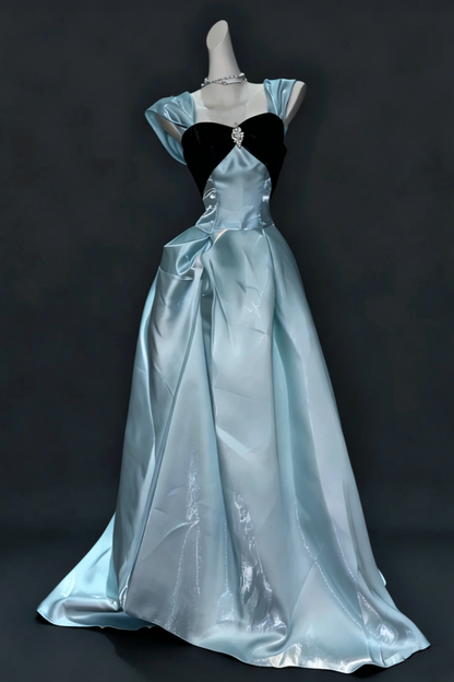 Ice Blue Satin Strapless Prom Dress Off the Shoulder Sleeves for Graduation Evening Photoshoot Floral032