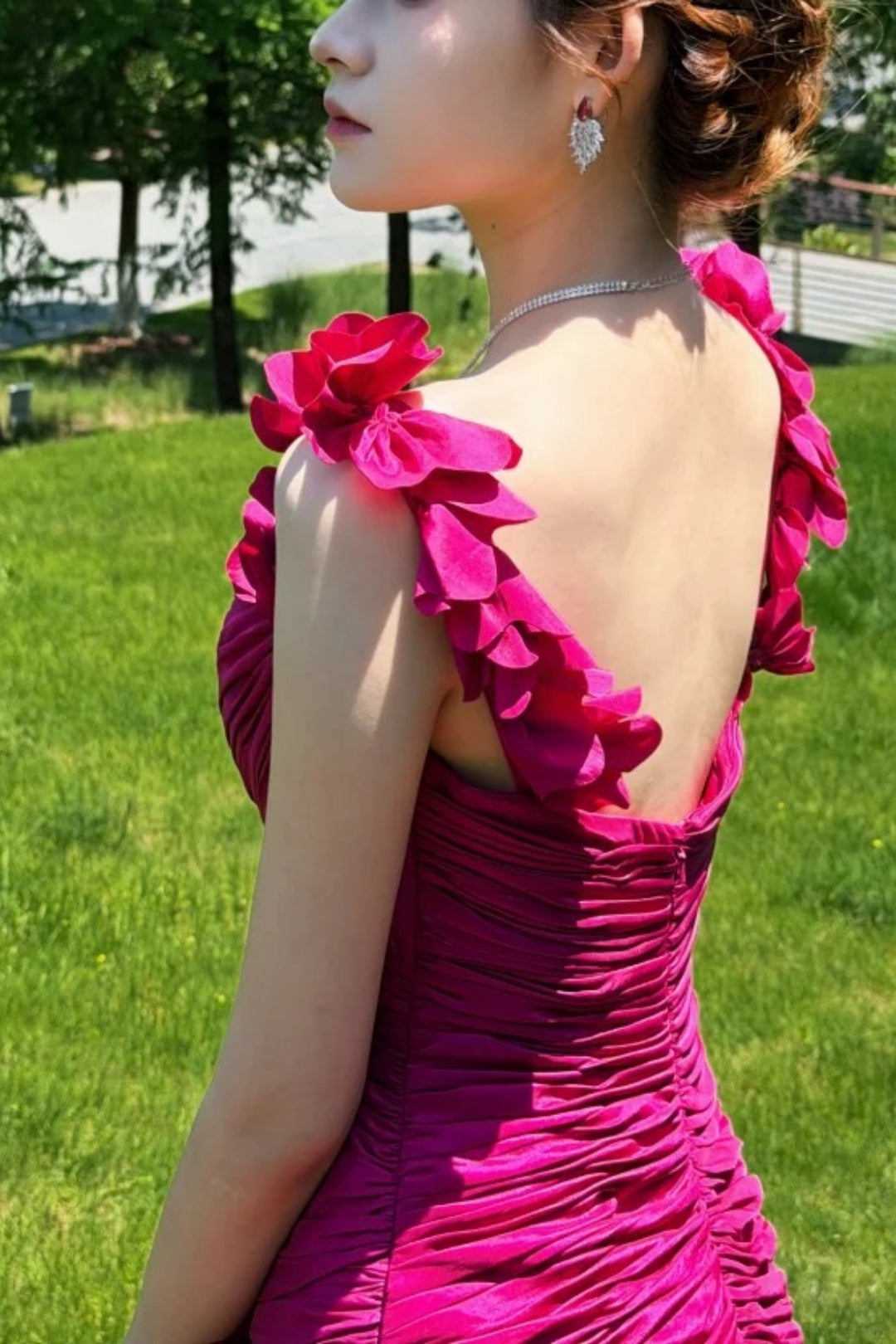Fuchsia Satin Long Prom Dress 3D Floral Spaghetti Strap Ruched Formal Evening Gown F0030