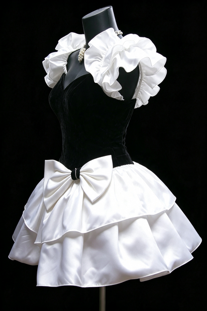 Black Velvet White Satin Homecoming Mini Dress Ruffle Puff Sleeve With Big Bow Cocktail Gown F0014