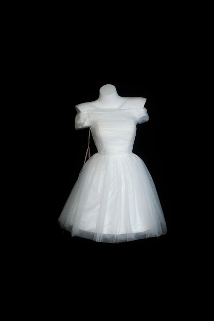 White Off Shoulder Tulle Mini Dress Corset Back Bow Homecoming Dress F0253