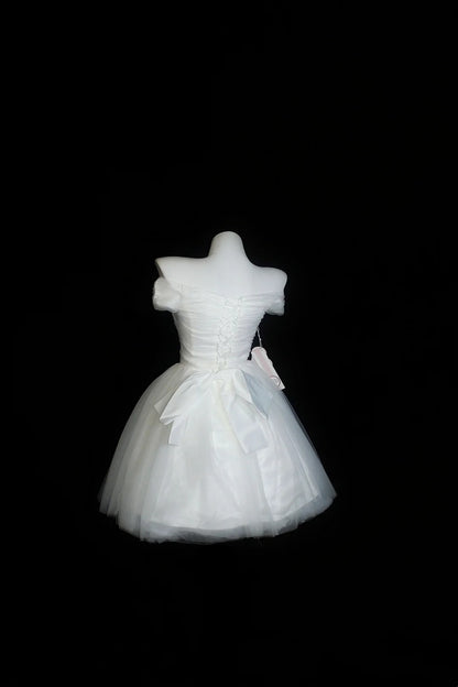 White Off Shoulder Tulle Mini Dress Corset Back Bow Homecoming Dress F0253