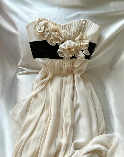 Ivory Strapless Chiffon Long Dress 3D Flower Black Waistband F0264