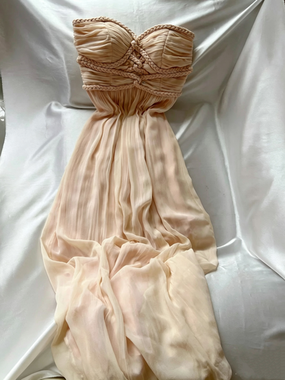 Romantic Blush Strapless Braided Chiffon Long Formal Dress F0260