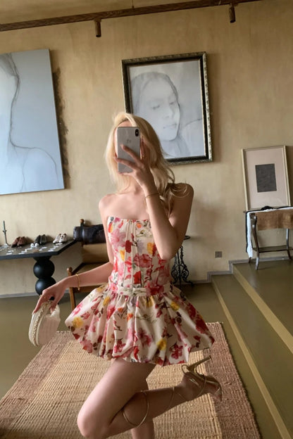 Strapless Floral Corset Set Bubble Skirt Two-Piece  FD09