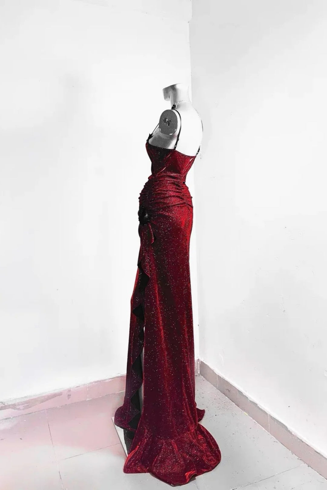 Burgundy Glitter Spaghetti Strap Mermaid Long Prom Dress F0280